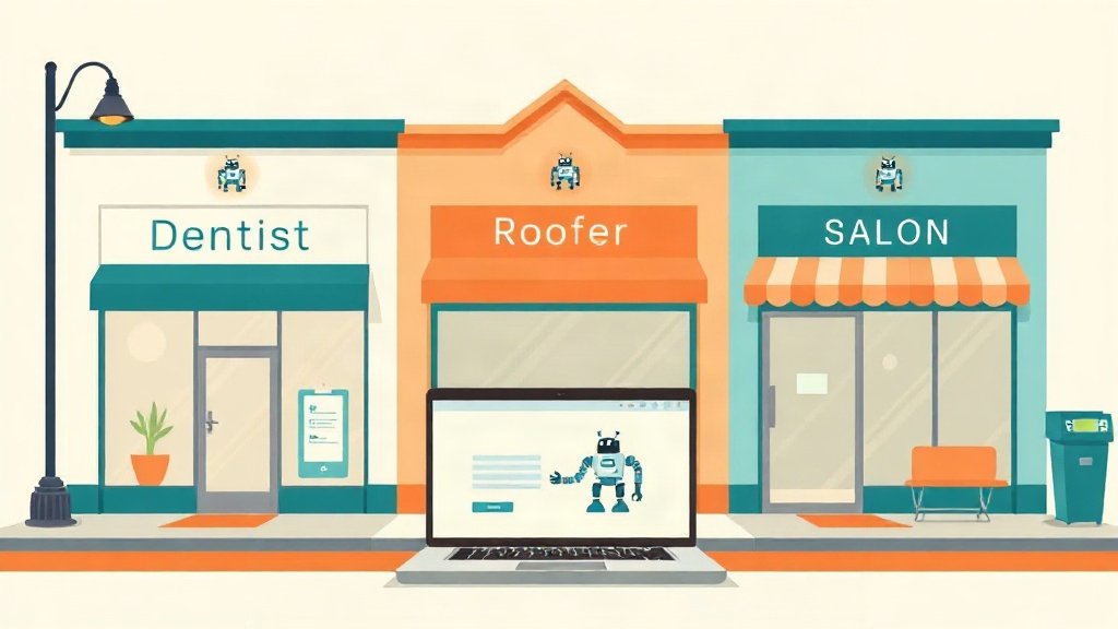 AI Agency Engine review hero image, local storefronts each with a small AI assistant above the door