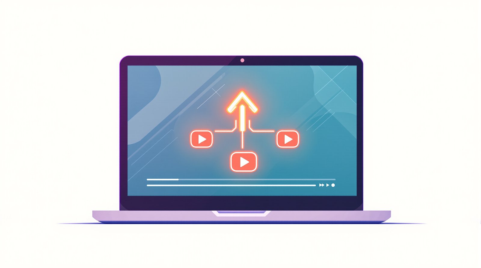 Flat illustration of a laptop with one upload arrow branching into several YouTube channel icons
