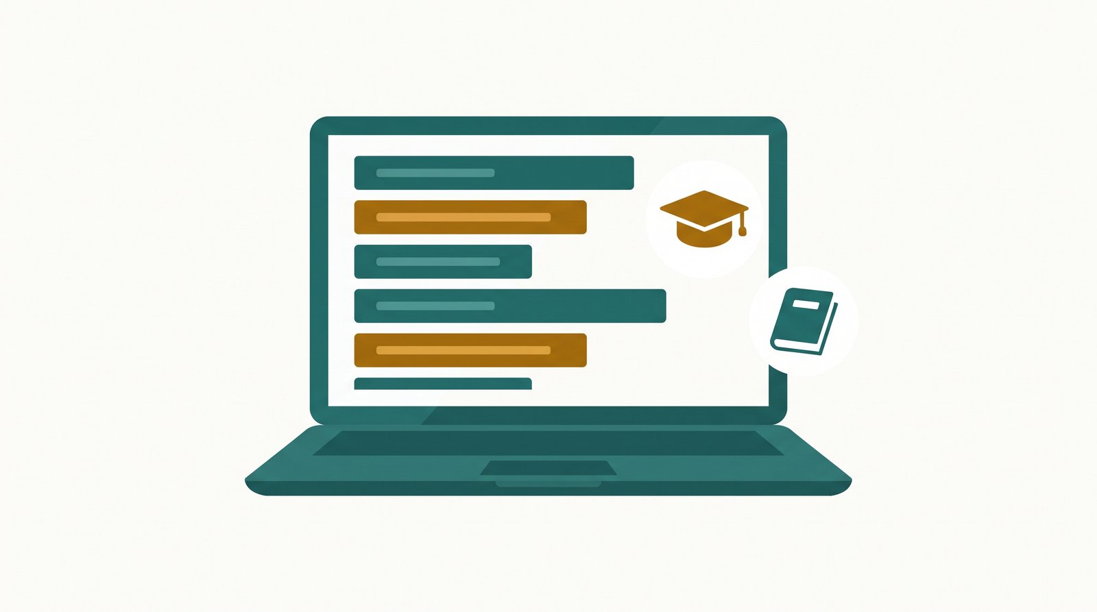 Illustration of an AI-built online course academy with modules and a certificate