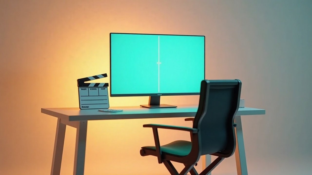 A director's chair beside a glowing monitor and clapperboard on a clean desk, illustrating an AI creative director for video