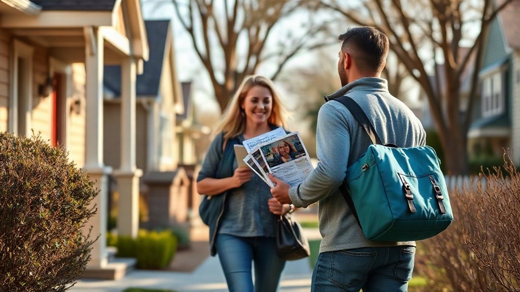 Person delivering advertising leaflets door to door in a local neighborhood