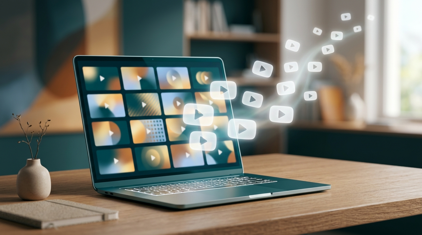 Laptop showing a grid of video thumbnails with translucent play buttons floating from the screen, illustrating faceless AI video creation