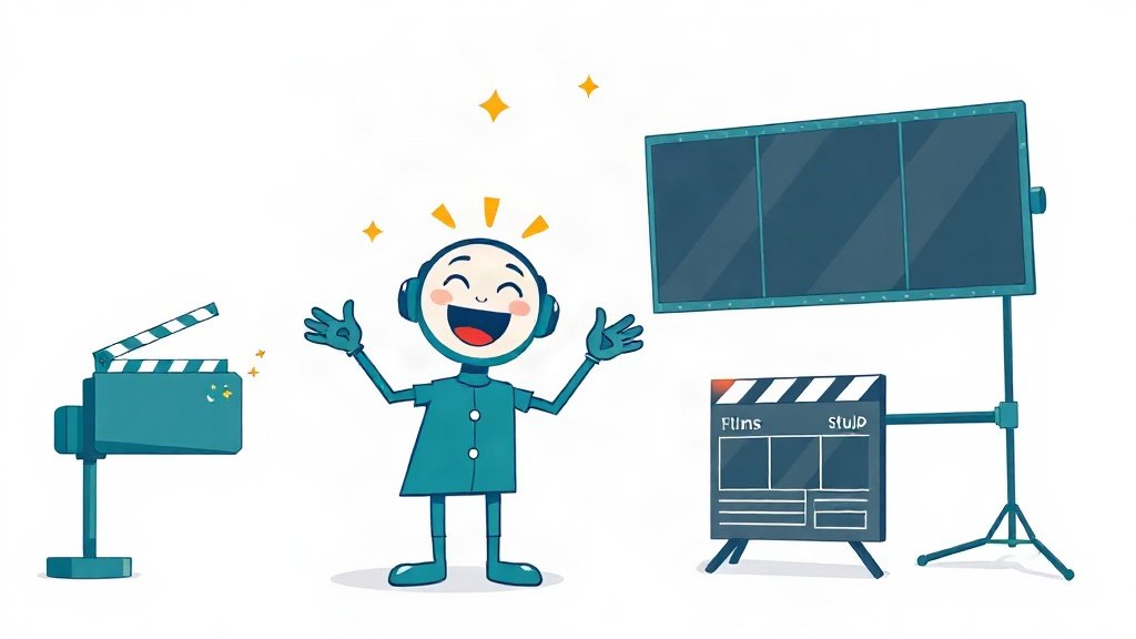 RocketToons AI review hero image, animated cartoon character with film strip and clapperboard