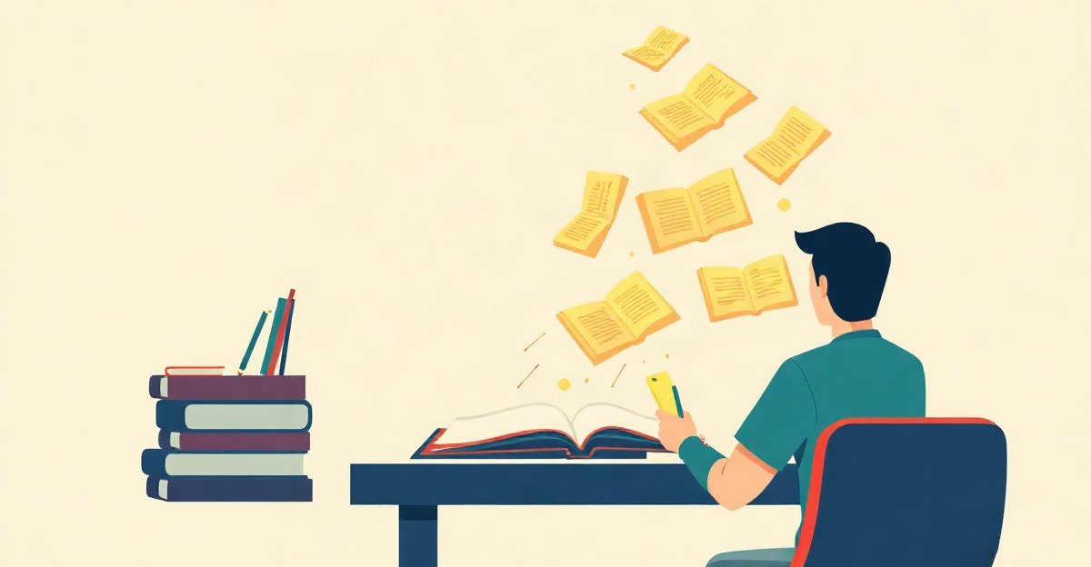 Flat illustration of an author's book splitting into several short story cards for Amazon reader discovery